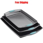Rachael Bakeware Nonstick Cookie Pan Set, Gray With Agave Blue Grip, 3-PIECE. Fixed Price $52.24.