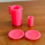 Vintage Barbie 80S Hot Pink Kitchen Accessories Pitcher Cup Plates 4PC Set. Fixed Price $7.99.