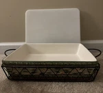 Temptations By Tara Old World Green Baking Dish 13 X 11 With Stand & Lid. Fixed Price $39.99.