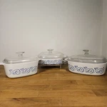 Corningware Oceanview Blue Swirl A1B A1.5B A2B Casserole Set Lids Trivet Vintage. Fixed Price $54.99.