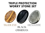 Triple Protection Worry Stone Set - Gold Tiger Eye, Black Obsidian & Hematite. Fixed Price $14.95.