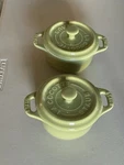 2 Staub Stoneware Mini Round Lidded Cocotte Avocado Green. Fixed Price $37.00.