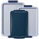 3PC Non Toxic Ceramic Cookie Sheet Set W/ Silicone Handles Navy Bake Pans. Fixed Price $46.79.