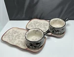 Temptations Soup Bowls 18 Oz & Sandwich Dishes Black Floral Lace Ovenware Set. Fixed Price $25.19.