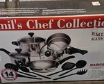 Emil's Chef Collection 14-PIECE Stainless Steel Pan Set Dishwasher Safe IM-29. Fixed Price $40.00.