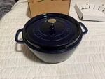 Staub Cast Iron 7 Qt, Round, Dutch Oven, Dark Blue. Fixed Price $220.00.