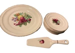 Vtg Harker Pottery, Strawberry Cake Plate, 6 Small Plates, Server, 22 Gold, Us. Fixed Price $43.00.