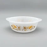 Vintage Glasbake J510 1QT Handled White Milk Glass Bowl Brown Yellow Flowers. Fixed Price $8.99.