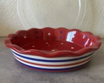 Nos Temptations 9" Covered Pie Dish Fluted White & Blue Stars Stripes Dots. Fixed Price $38.00.