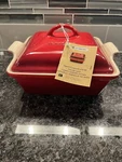 Le Creuset Heritage Square Cerise Red Ceramic Baking Dish 2.5 Qt W/ Lid. Fixed Price $67.00.