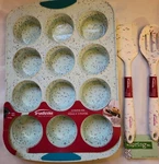 Trudeau Structure Silicone Muffin Pan Blue Confetti & 11" Slotted Spoon, Spatula. Fixed Price $34.95.