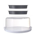Mainstays 12 Inch Clear Cake Carrier With 2PK 9 Gray Round Pans, Carbon Ste. Fixed Price $20.97.