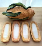 Temptations Ceramic Stoneware Figural Corn Cob Covered Dish Baker 4 Plates. Fixed Price $65.00.