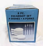 Escargot Set 8 Piece Baking 4 Serving Dishes White Porcelain Forks New Box Dmg. Fixed Price $27.95.