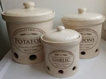 3 Vtg Chefs Fresh Valley Farm Company Stoneware Canisters Garlic Potatoes Onion. Fixed Price $170.00.