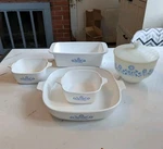 Corning Ware Blue Cornflower 3X Casserole Dish 1X Loaf Pan Federal Milk Glass. Fixed Price $104.99.