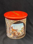 Vintage Round Tin Container With Fox Hunters & English Village Scene 1960S. Fixed Price $9.00.