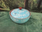 Tara Temptations Turquoise/brown Floral Lace Serving Bowl Lid Ovenware 3 Quart. Fixed Price $51.99.