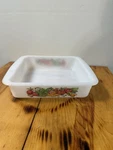 Vintage Glasbake J2428 Milk Glass 8" Square Baking Dish Vegetable Medley Pattern. Fixed Price $9.75.