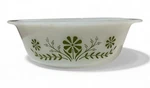 Vintage Glasbake 1.5 Qt J2600 Round Green Daisy Milk Glass Casserole Dish. Fixed Price $12.99.
