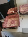 Temptations Old World Cranberry Red Square Baking Dish With Rack, Trivet 4 Piece. Fixed Price $175.00.