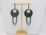 C353-VINTAGE Pierced Earrings Black Metal/prong Set Stone 3" Drop. Fixed Price $7.00.