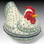 Lrg Ceramika Artystyczna Polish Pottery Hen Covered Baker Sweet Green Daisies. Fixed Price $213.53.