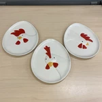 Department 56 Set 3 Rooster Dish Farm Country Chicken Egg Shape Red Yellow White. Fixed Price $19.50.