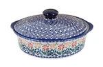 Blue Rose Polish Pottery Garden Bouquet Round Baker With Lid. Fixed Price $91.00.