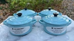 Creuset Stoneware Sky Blue Mini Cocotte Black Handle. Fixed Price $32.99.