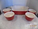 Emile Henry 8" Square Ceramic Baking Dish Plus 4 Ramekins Bowls France. Fixed Price $50.00.