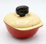 Vintage Conso Ware Cast Iron Enamel Casserole Dish Orange Cream Lid C-50. Fixed Price $55.00.
