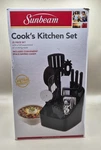 Sunbeam 25-PIECE Cook Kitchen Set With Caddy & Knife Block New (open Box). Fixed Price $21.24.