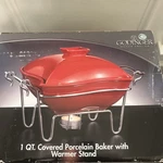 Godinger 1 Quart Porcelain Baker With Warming Stand Red. Fixed Price $15.50.