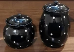 Temp-tations By Tara 2 Qt & 1.3 Black Polka Dot Ceramic Canisters With Lids. Fixed Price $26.00.