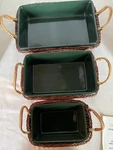 Temp Tations Ceramic Rectangular Green Casserole Dish Set Of 3 Rattan Baskets. Fixed Price $40.00.