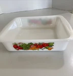 Glasbake J2428 Usa Milk Glass 8" Square Baking Dish Vegetable Medley Pattern. Fixed Price $18.99.