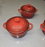 Of 4 Le Creuset Stoneware Mini Round Cocottes Cerise Red. Fixed Price $84.49.