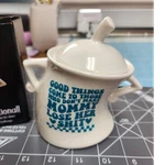 Ceramic Sugar Bowl With Lid, White Blue, Humorous 'good Things' Text. Fixed Price $20.00.