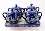 Temptations 2 Handled Covered Soup Bowls Tray Cobalt Floral Lace 16 Ounces. Fixed Price $29.99.