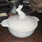 Creative Co-op White Stoneware 7 Inch Round Baker Rabbit Finial Lid Easter Bunny. Fixed Price $28.00.