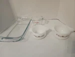 Lot 4 - Pyrex Basics Quart Oblong, Clear 9 13 Inch, Measuring Cup, 2 Bowls. Fixed Price $20.00.