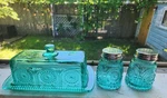 The Pioneer Woman Adeline Teal Glass Butter Dish Salt Pepper Shakers Vtg Style. Fixed Price $39.00.