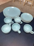 16 Pc Vtg Santa Anita California Modern Ware Dishes Aqua Blue Cup Saucer Plates. Fixed Price $49.99.