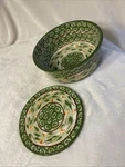 Temptations 8" Old World Green Casserole Dish & Trivet Vintage Beautiful Set. Fixed Price $31.00.
