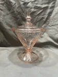 Rare Vintage Lancaster Glass Pink Depression Etched Conical Candy Dish With Lid. Fixed Price $42.00.