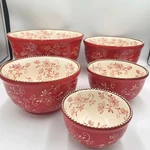 Temp-tations By Tara Floral Lace Cranberry Ceramic Set Of 5 Nesting Bowls Lids. Fixed Price $79.95.