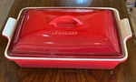 Creuset Heritage Stoneware Rectangular Covered Casserole, 4-QT., Cerise. Fixed Price $85.00.
