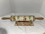 Temptations Rolling Pin 18" Ceramic Stoneware Stand Old World Harvest Autumn. Fixed Price $29.99.