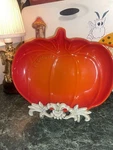 Le Creuset Pumpkin Shaped Orange Stoneware Shiny Serving Plate Halloween. Fixed Price $55.00.